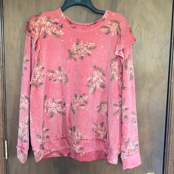 LC Lauren Conrad top floral print velvet w ruffle puff sleeve sweatshirt S M - Picture 3 of 15